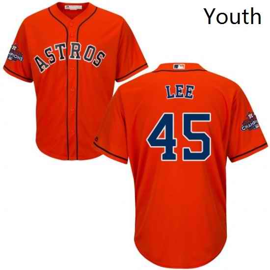Youth Majestic Houston Astros 45 Carlos Lee Replica Orange Alternate 2017 World Series Champions Cool Base MLB Jersey